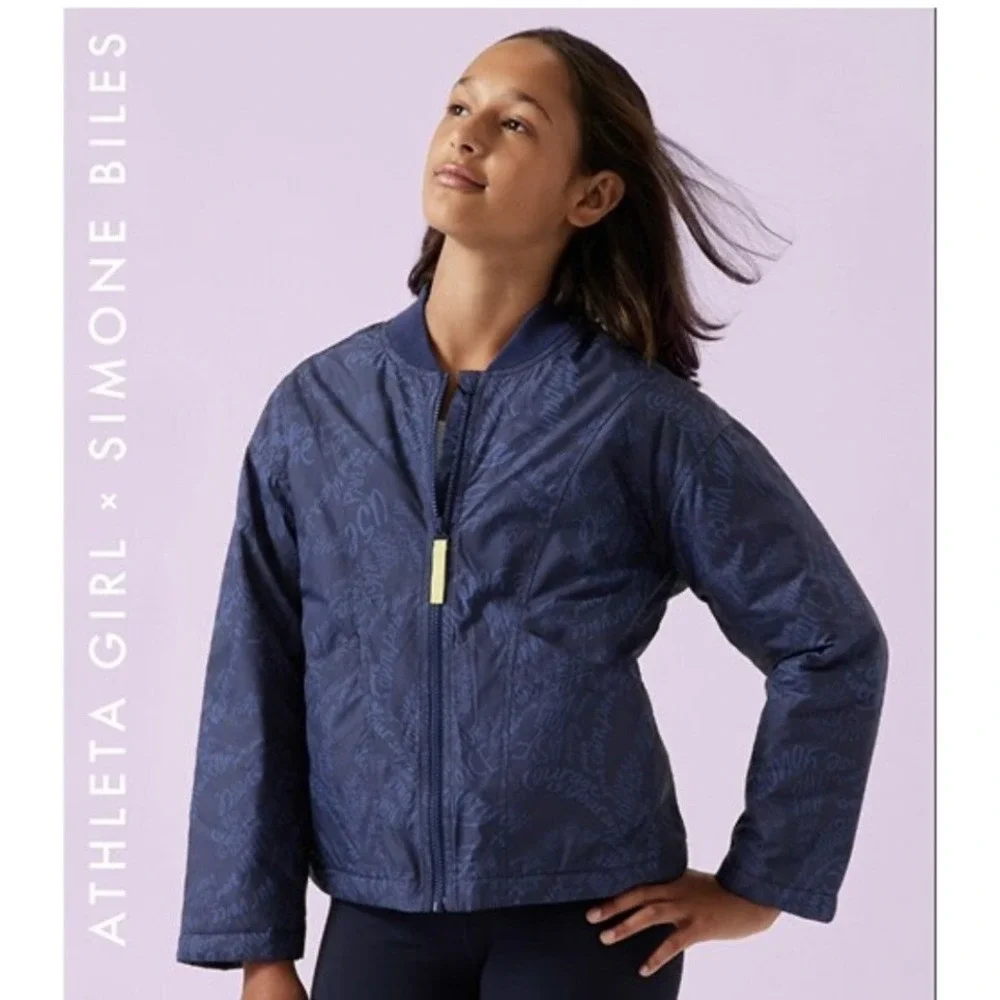 Athleta Girl‎ Simone Biles Navy Blue Convertible Jacket Kids XL 14 Script Print